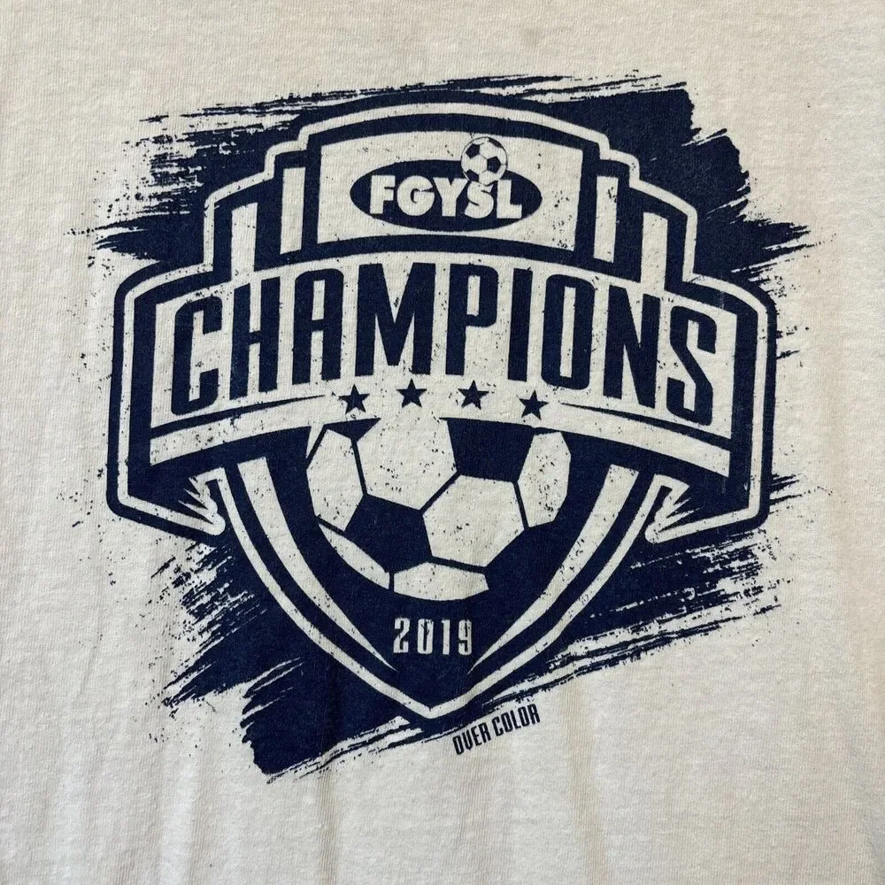 Gildan Shirt Kids Large FYGSL Soccer Champions Graphic Print 2019 Memories Win